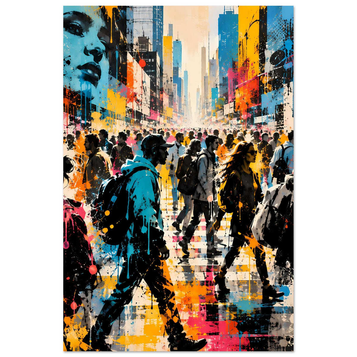 Street-Art-Poster im Hochformat: Szene mit bunten Gebäuden und Gehenden, Graffiti-Spritzer
