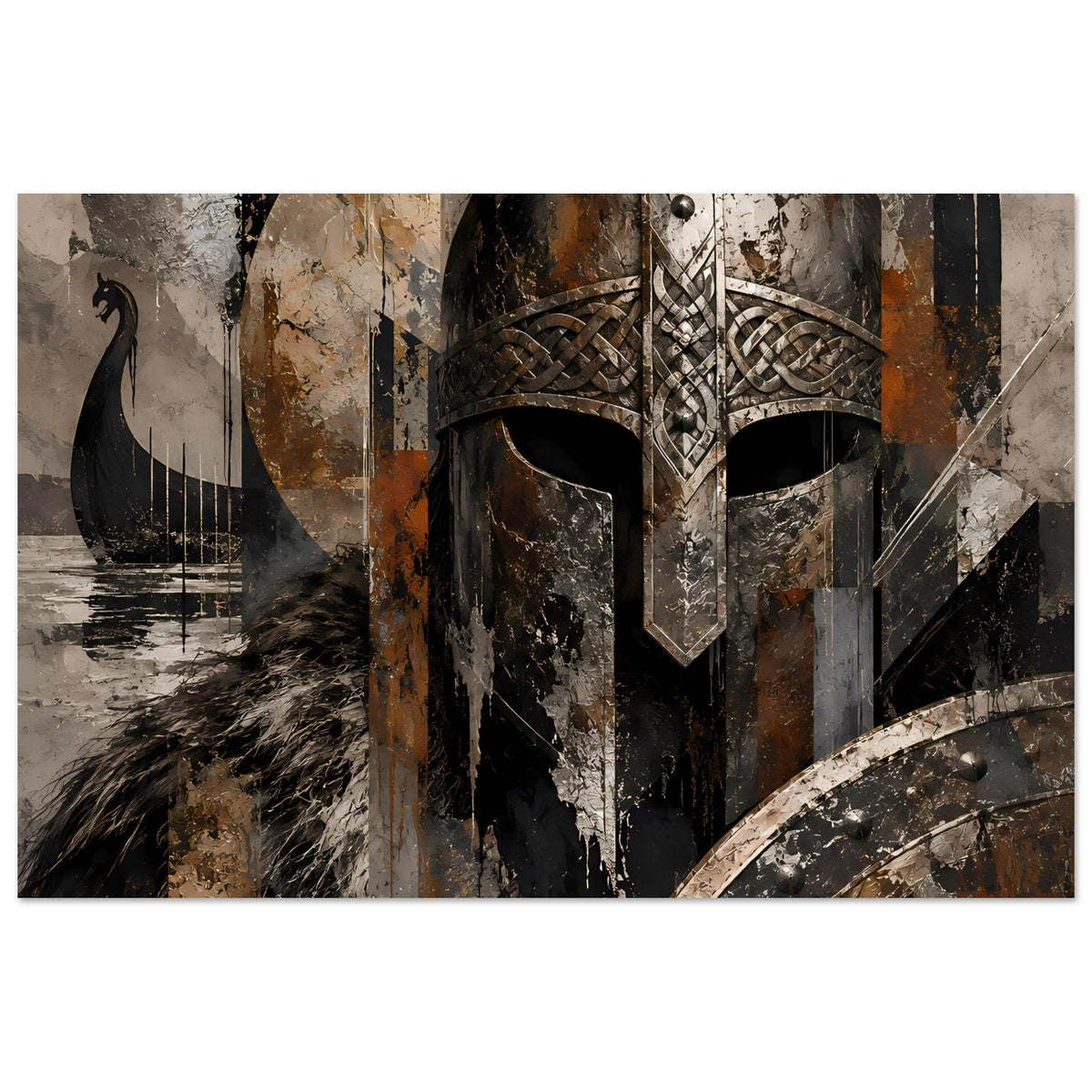 Art Poster: Wikingerhelm mit Runenmuster, Rundschild unten rechts, dunkle Erdtöne