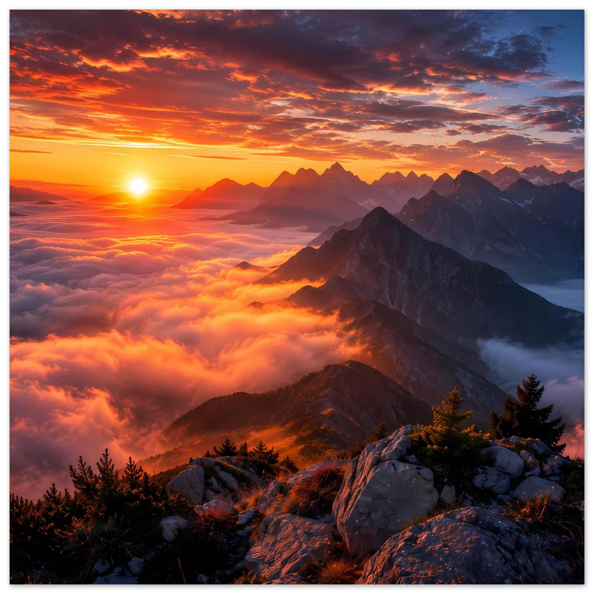 Gerahmtes Poster im Querformat mit Sonnenuntergang, Bergkämme, Wolkenmeer und Felsvordergrund