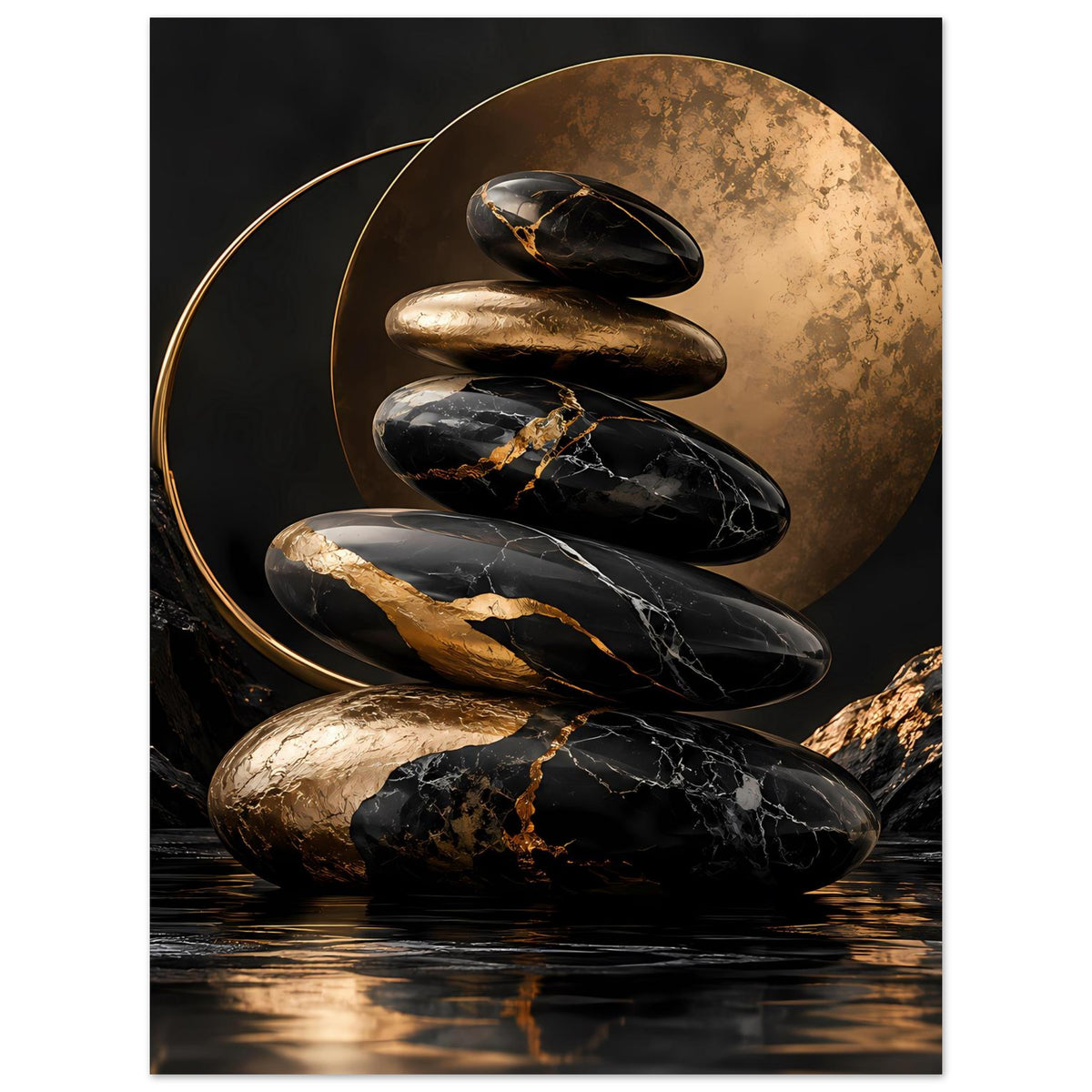 Poster mit Zen-Steinen: geschichtete schwarze und goldene Steine auf rundem Motiv
