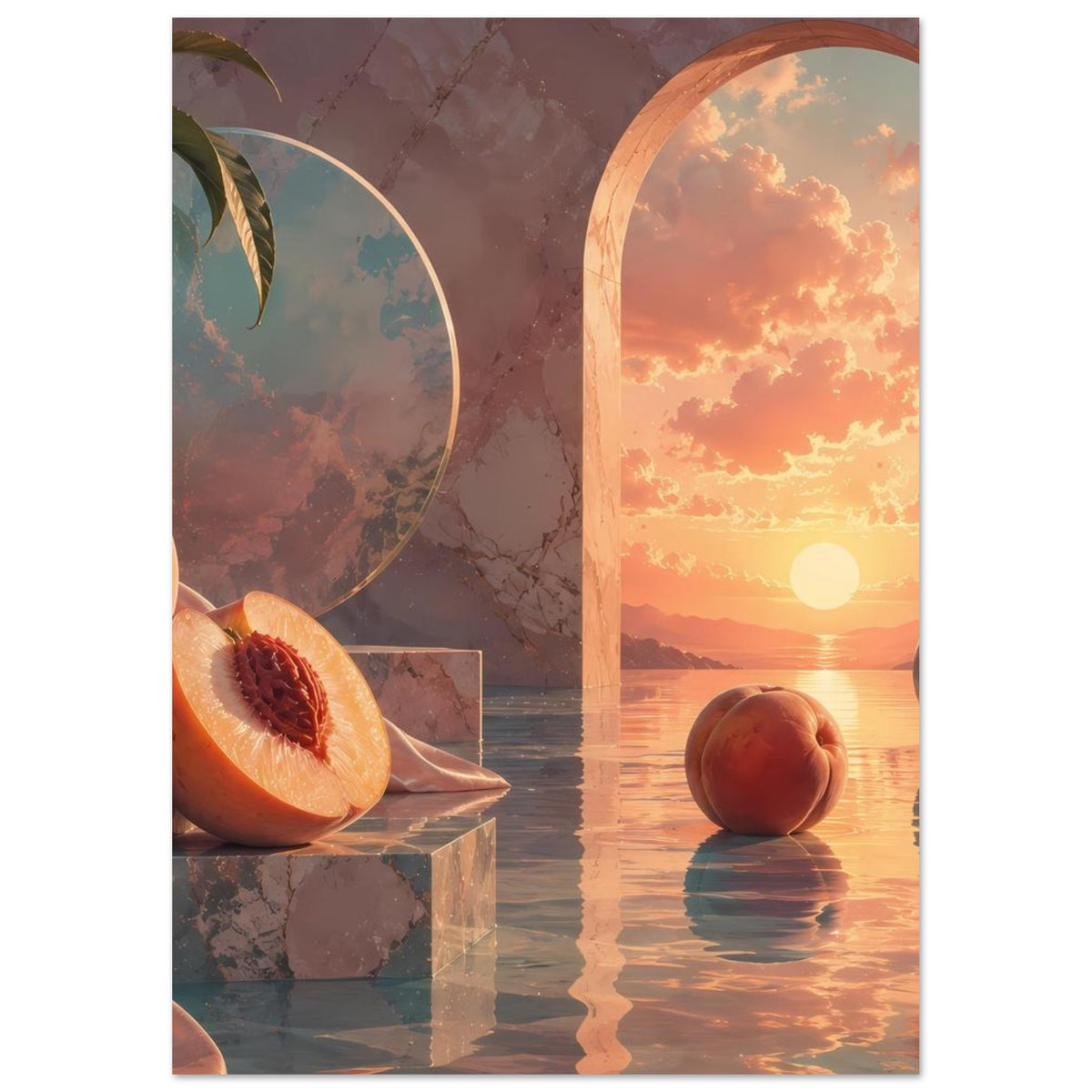Poster mit Pfirsichstillleben: halbierter Pfirsich, ganzer Pfirsich, Bögen und Sonnenuntergang