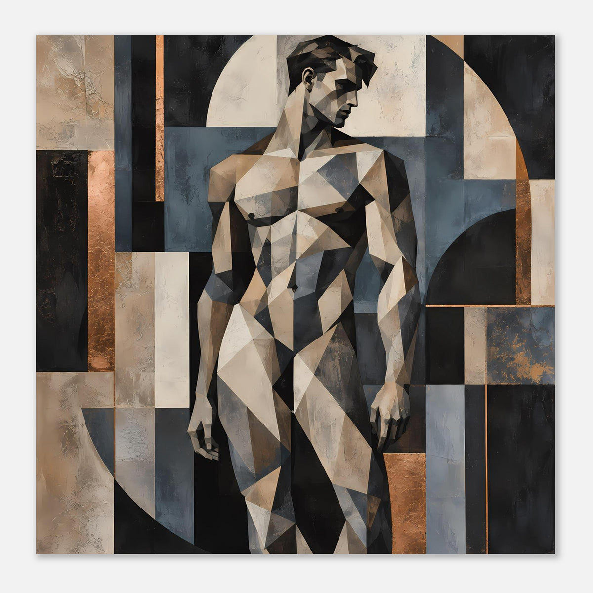 Kunstposter mit geometrischer Aktfigur, Vollansicht, polygonale Farbflächen in Beige, Blau, Schwarz.