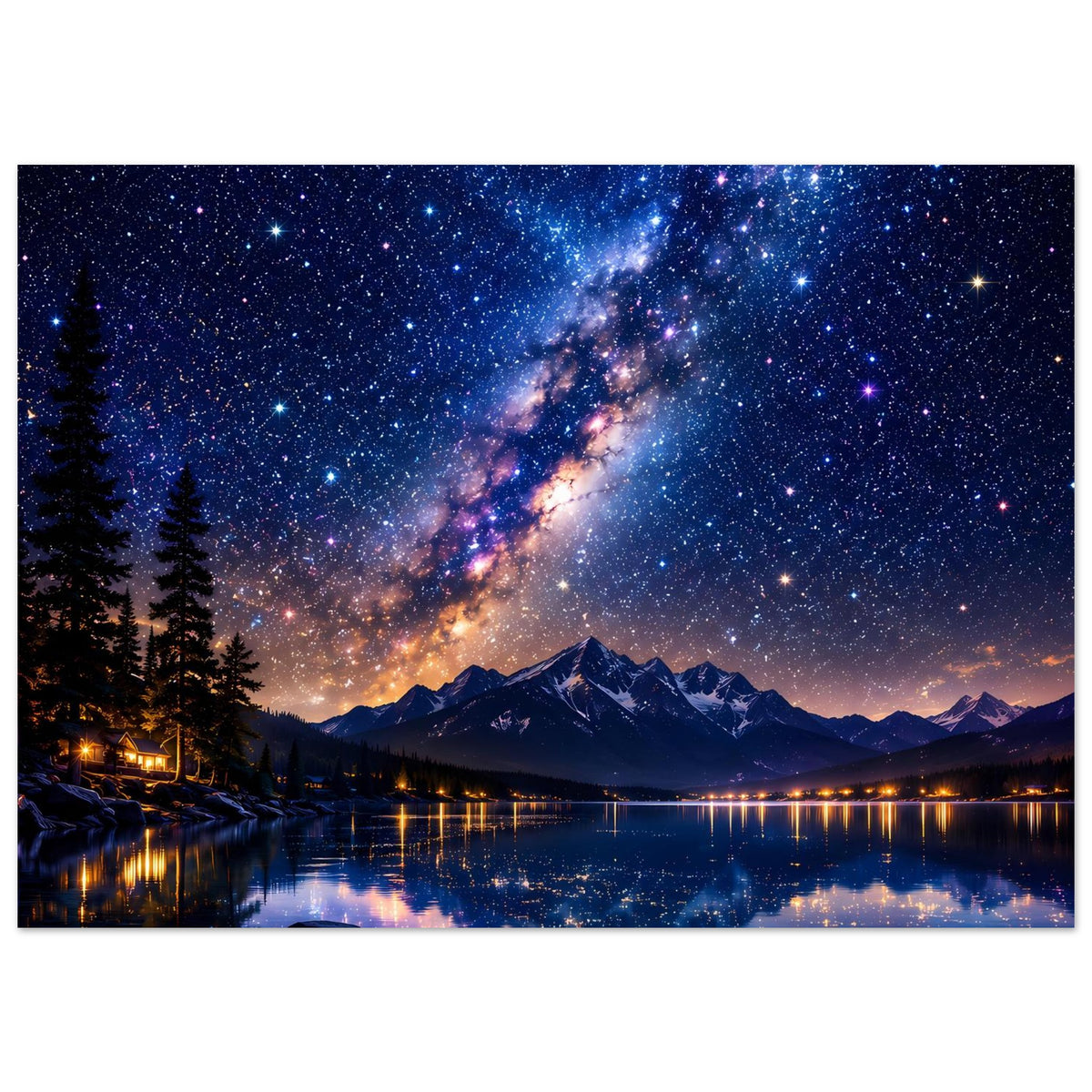 Poster im Querformat: Sternenhimmel mit Milchstraße, Bergkette und reflektierendem See