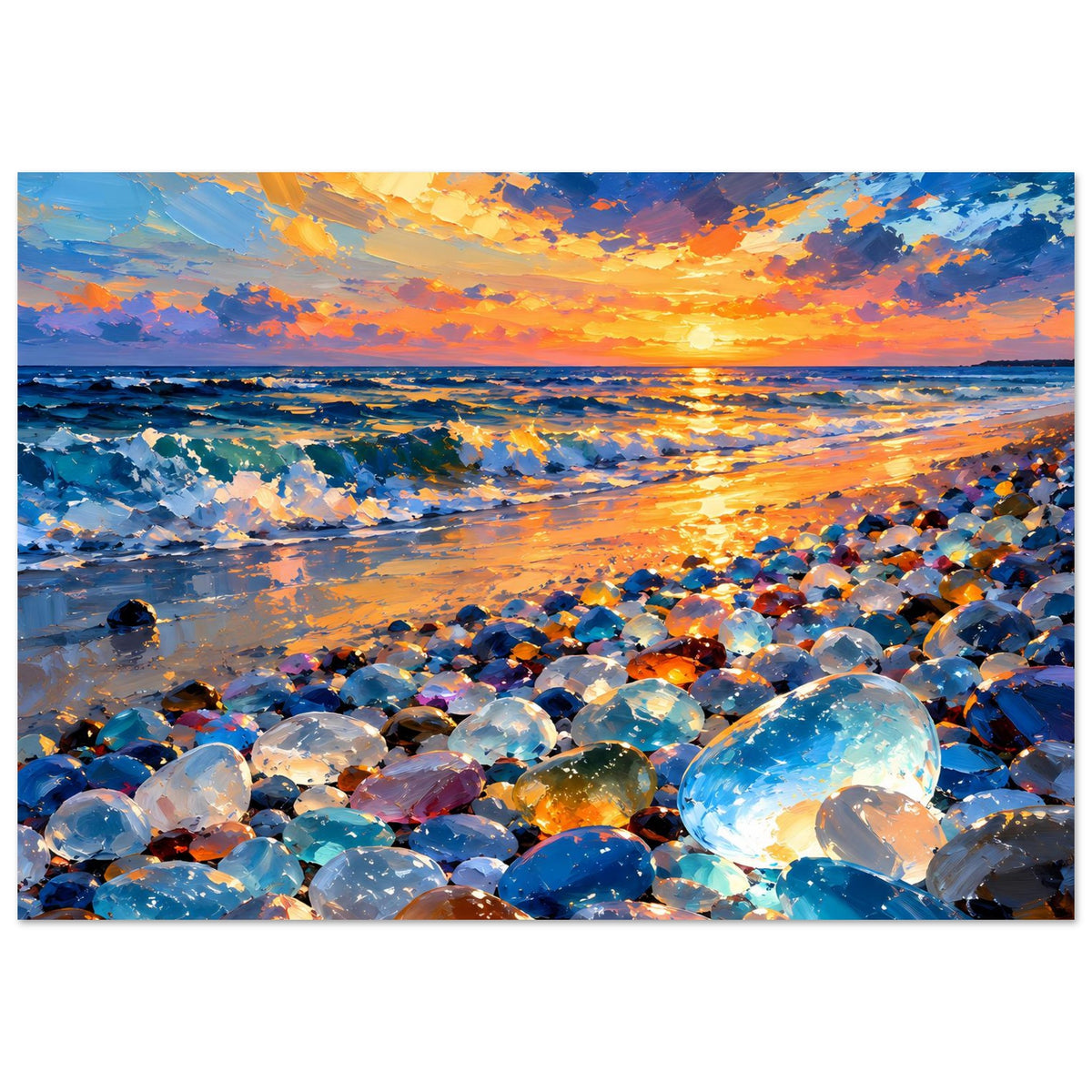 Querformat-Poster mit Sonnenuntergang am Meer und bunten Glasschollen am Strand