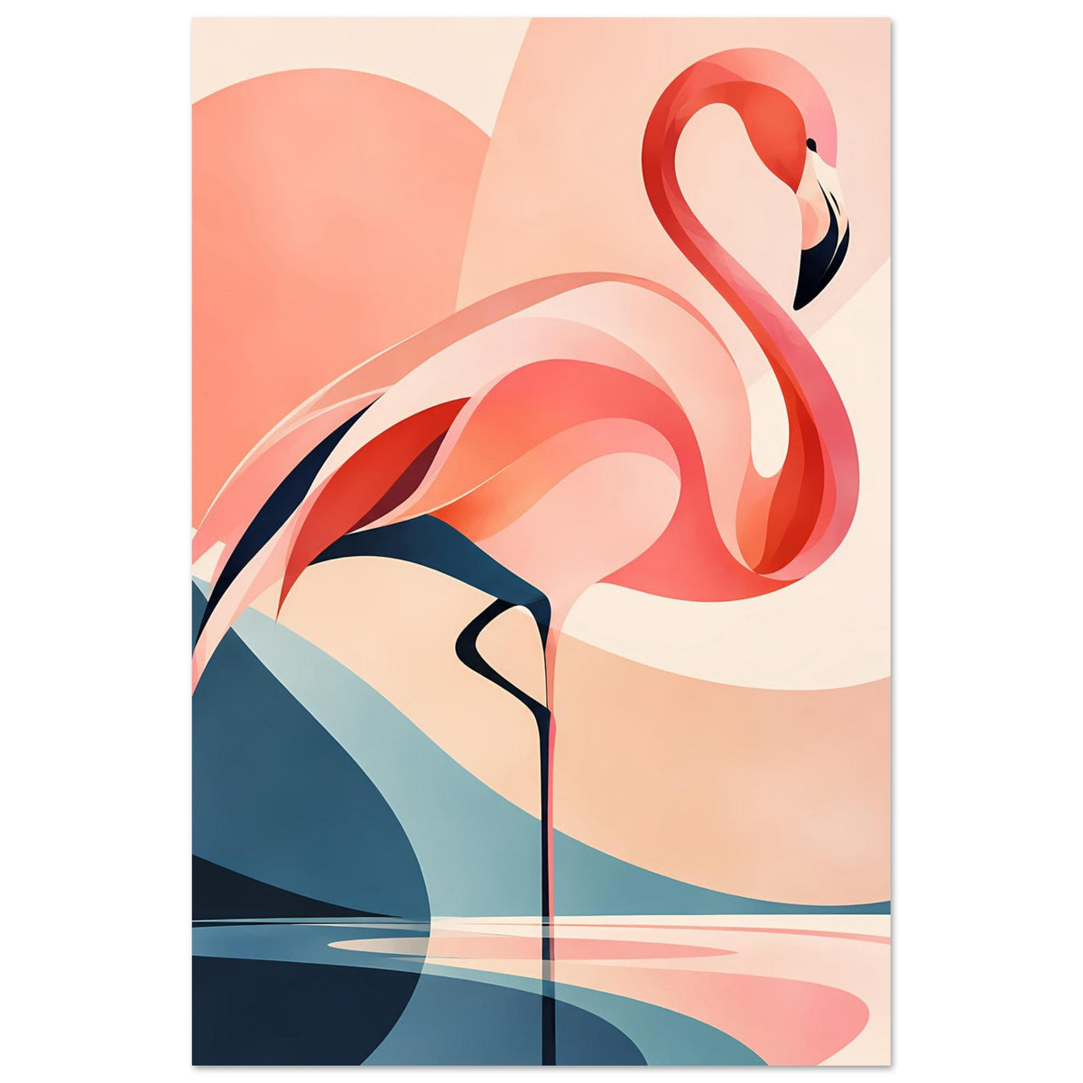Flamingo-Sonnenuntergang Kunstdruck mit rotem Flamingo, pastellroten Formen und dunkelblauem Grund.