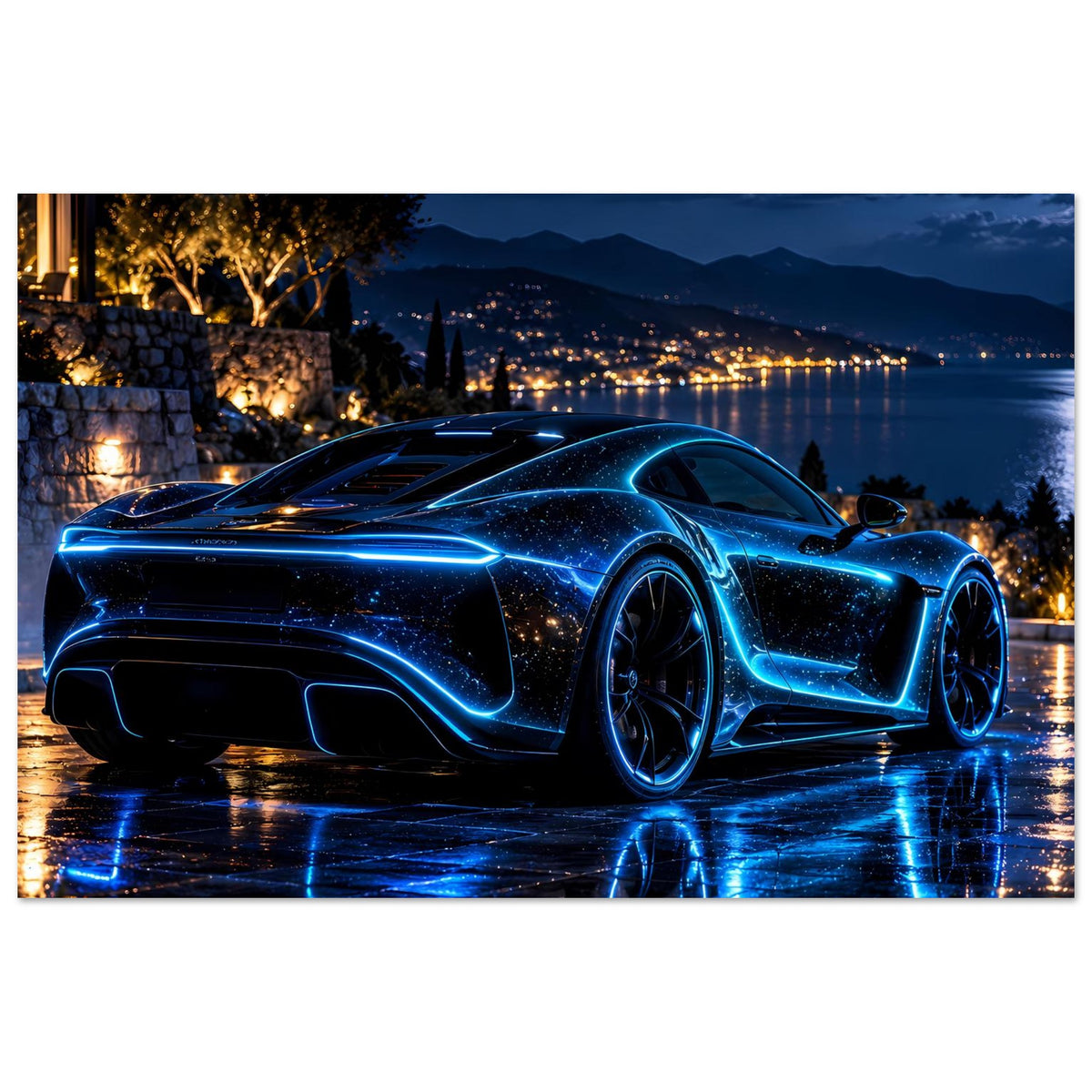 Poster mit blauem Neon-Sportwagen, nächtliche Stadtlichter am Ufer