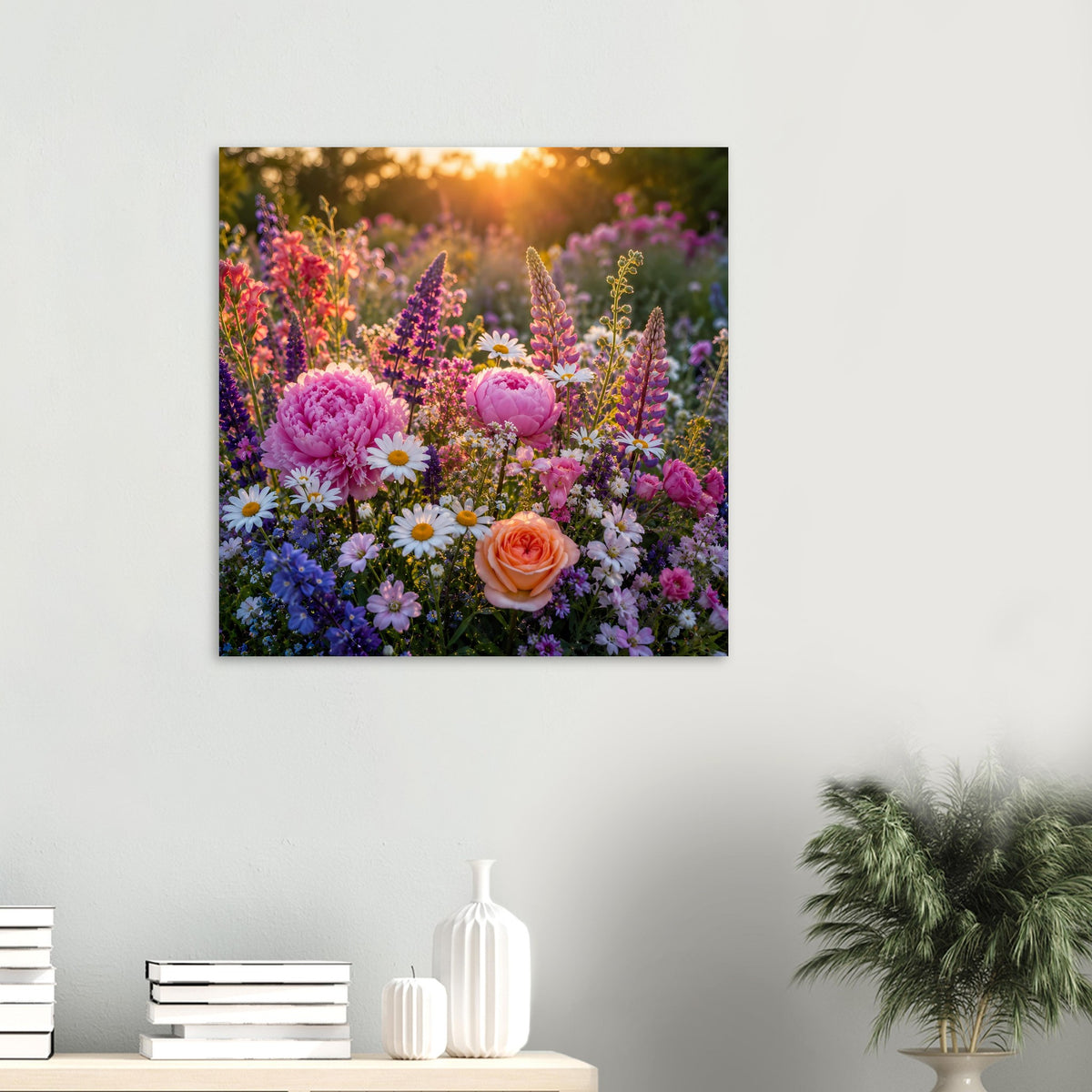 Kleines Blumenposter, quadratisch: farbenfrohe Blumenwiese mit Pfingstrosen und Rosenblüte