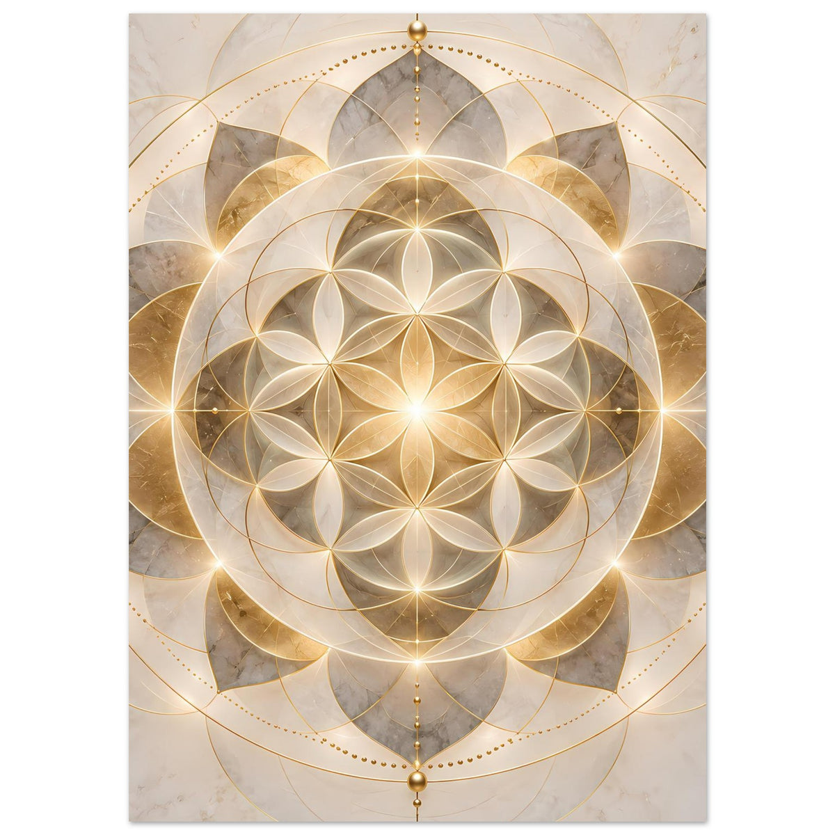 Goldenes Mandala-Poster mit zentralem Lichtkreis, goldenen Linienringen und Ornamenten