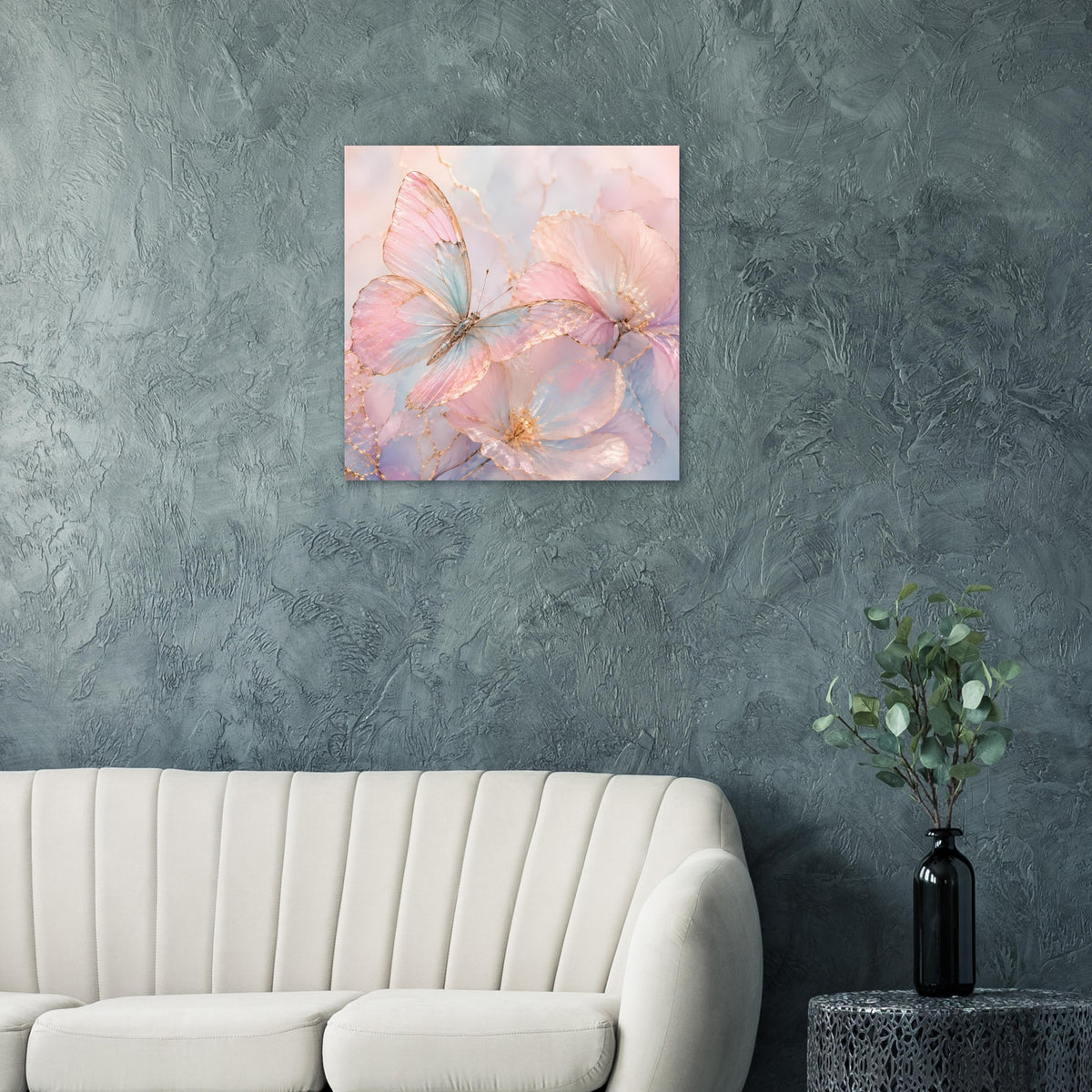 Aquarell-Poster mit Schmetterlingen, goldenen Akzenten und zarten Rosé- und Blautönen
