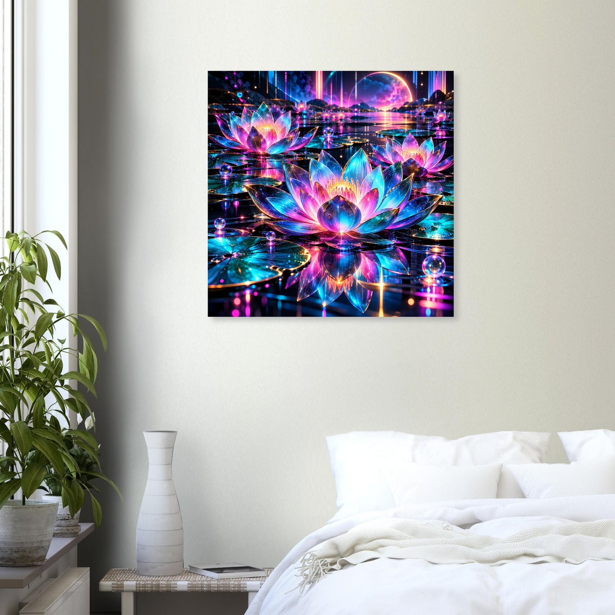 Quadratisches Neon-Lotus Poster mit Lotos-Motiv in Blau-, Lila- und Pinktönen