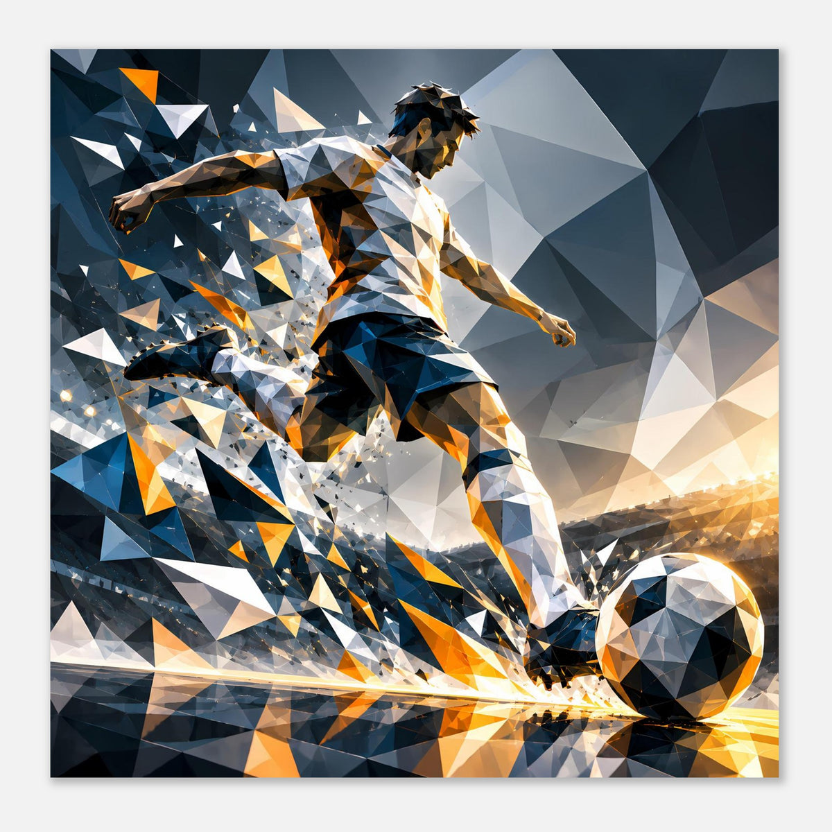 Fußball-Actionposter: Spieler mit Ball, geometrische Dreiecke in Blau und Orange