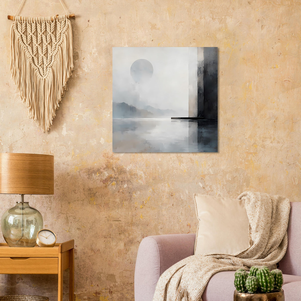 Quadratisches Poster mit grauer Nebel-Landschaft, hellem Mondkreis und senkrechtem Dunkelstreifen