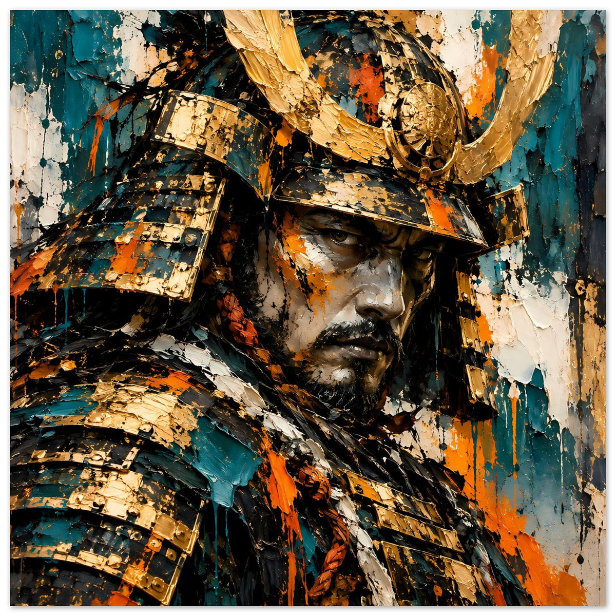 Horizontales Poster mit Samurai-Krieger, goldenem Helm und kräftigen Spritzfarben in Teal/Orange.
