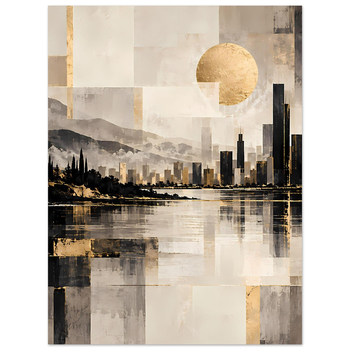 Stadtlandschaftsposter mit goldener Sonne, Wolkenkratzern und reflektierendem Fluss