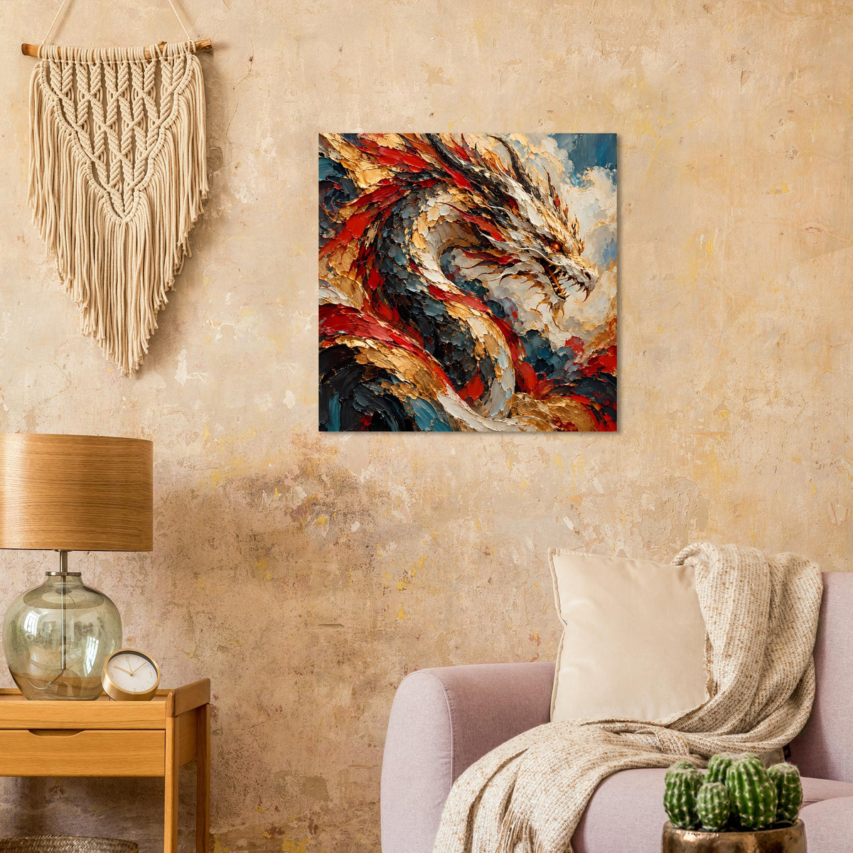 Wandposter mit Drachenmotiv in Rot-, Gold- und Blautönen, abstrakte Rauchwirbel