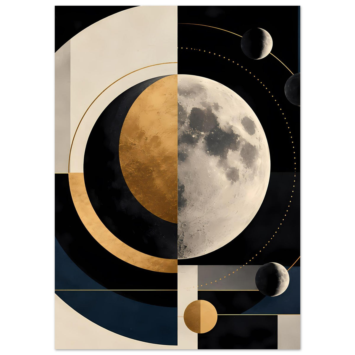 Abstrakter Mondkunstdruck: weiß-grauer Mond, goldene Akzente, dunkle Bögen und mehrere kleine Kugeln