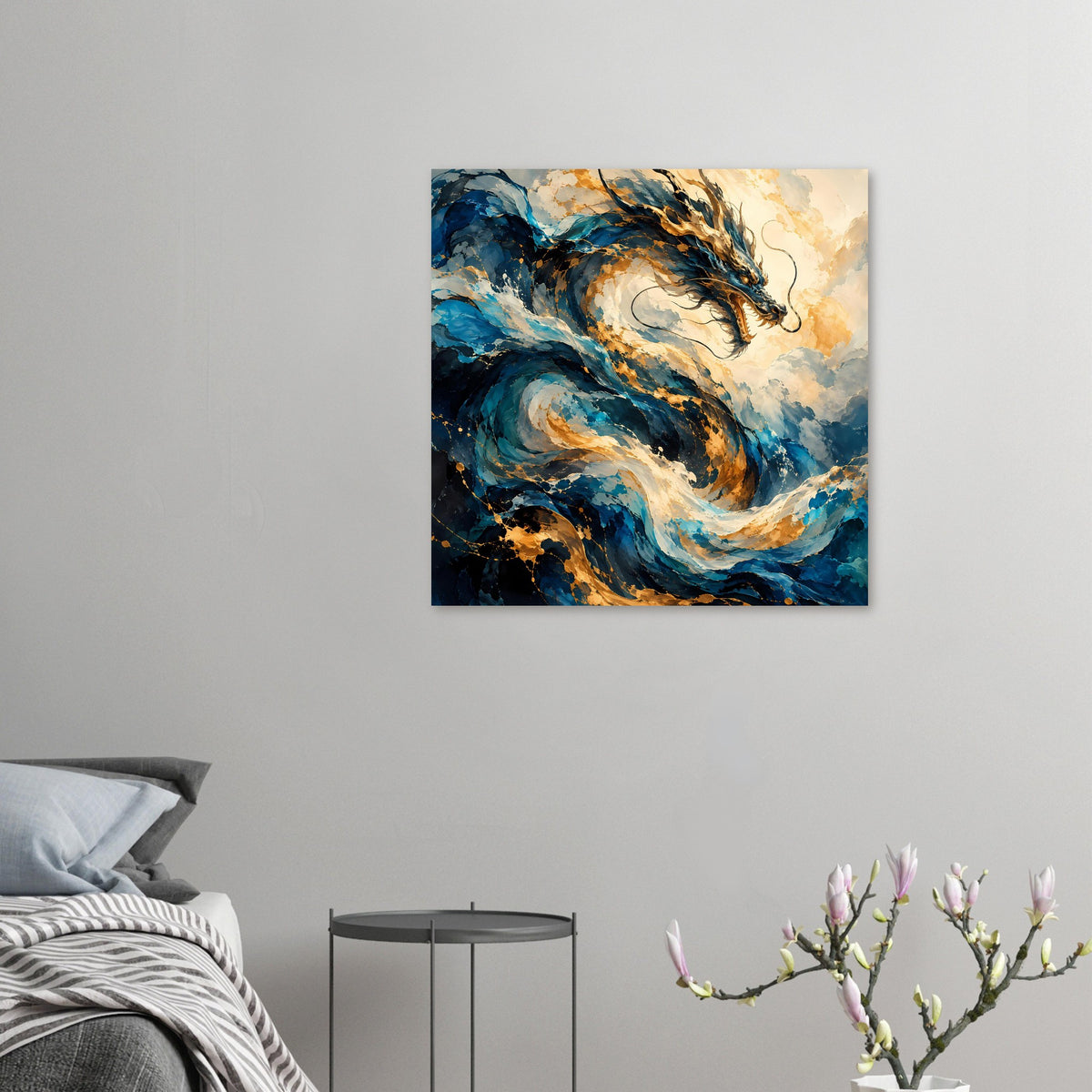 Kleines Fantasy-Poster mit blauem Drachen und goldenen Akzenten, gerahmtes Motiv