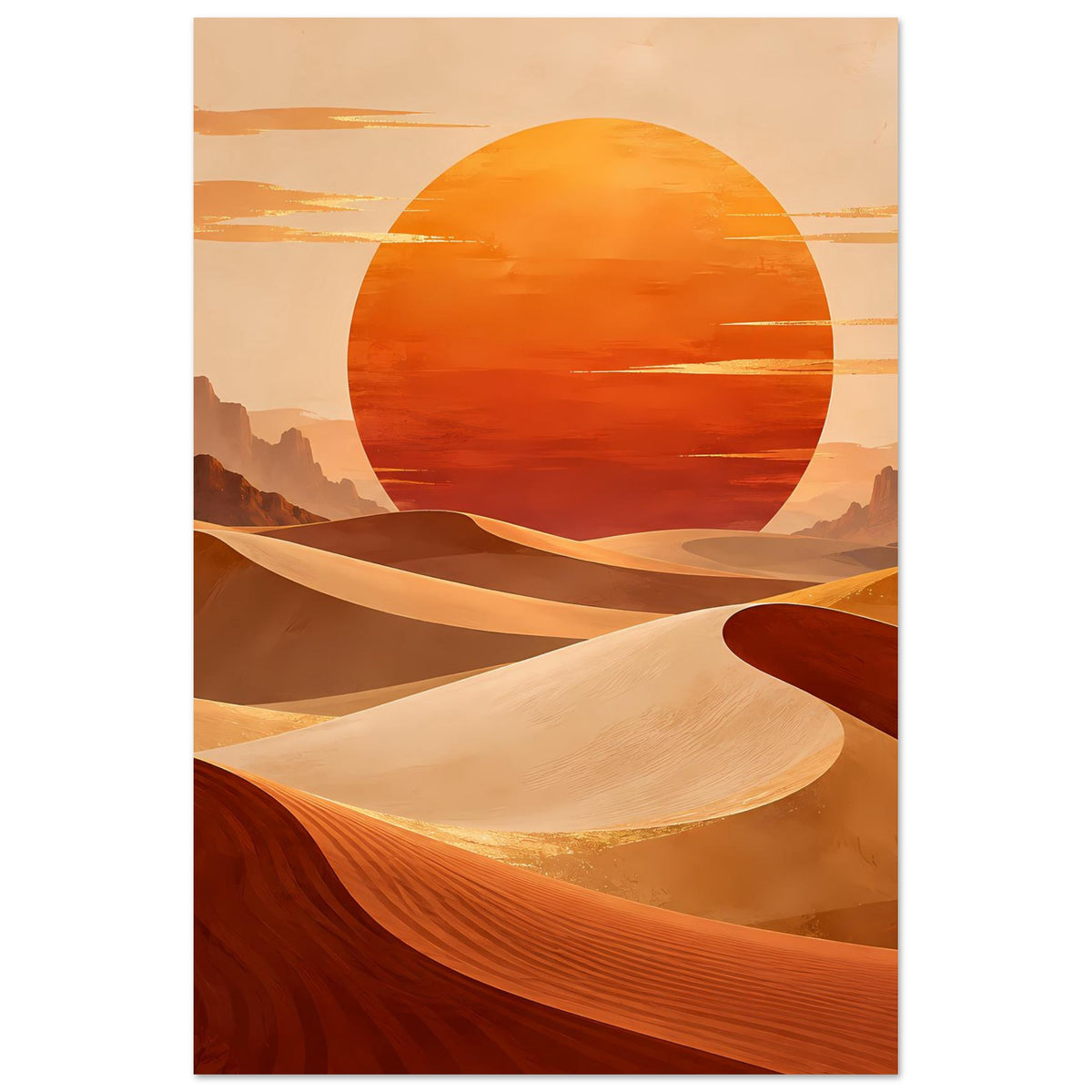 Vertikales Poster mit Dünenmeer, großer orangefarbener Sonnenscheibe und Felsen im Hintergrund.
