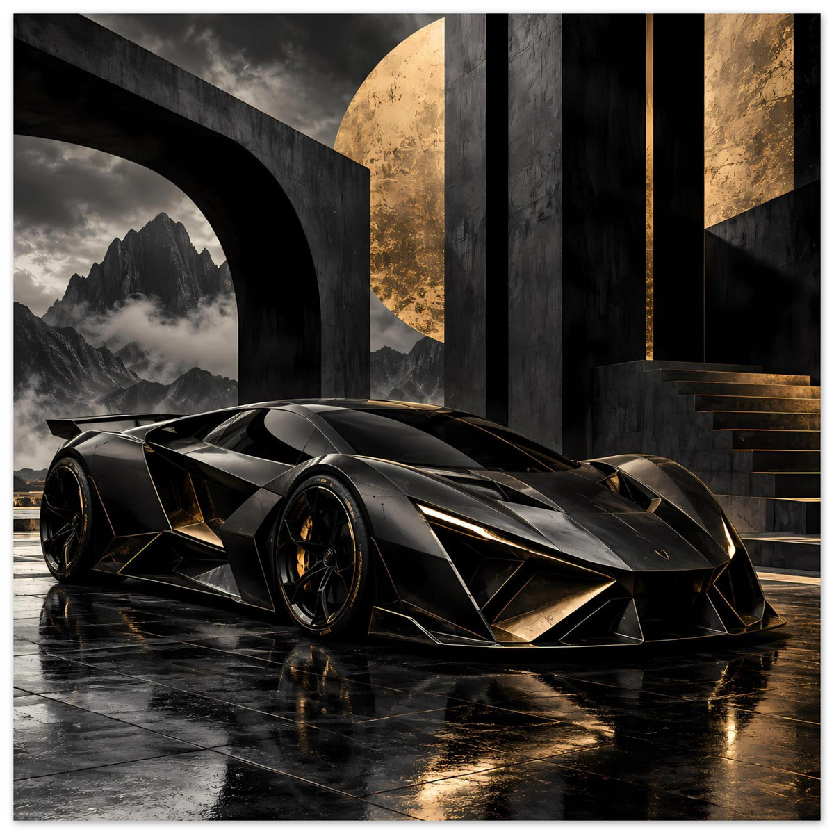 Futuristisches Supersportwagen-Poster: schwarzes Auto mit goldenen Akzenten, seitlicher 3/4 Blick
