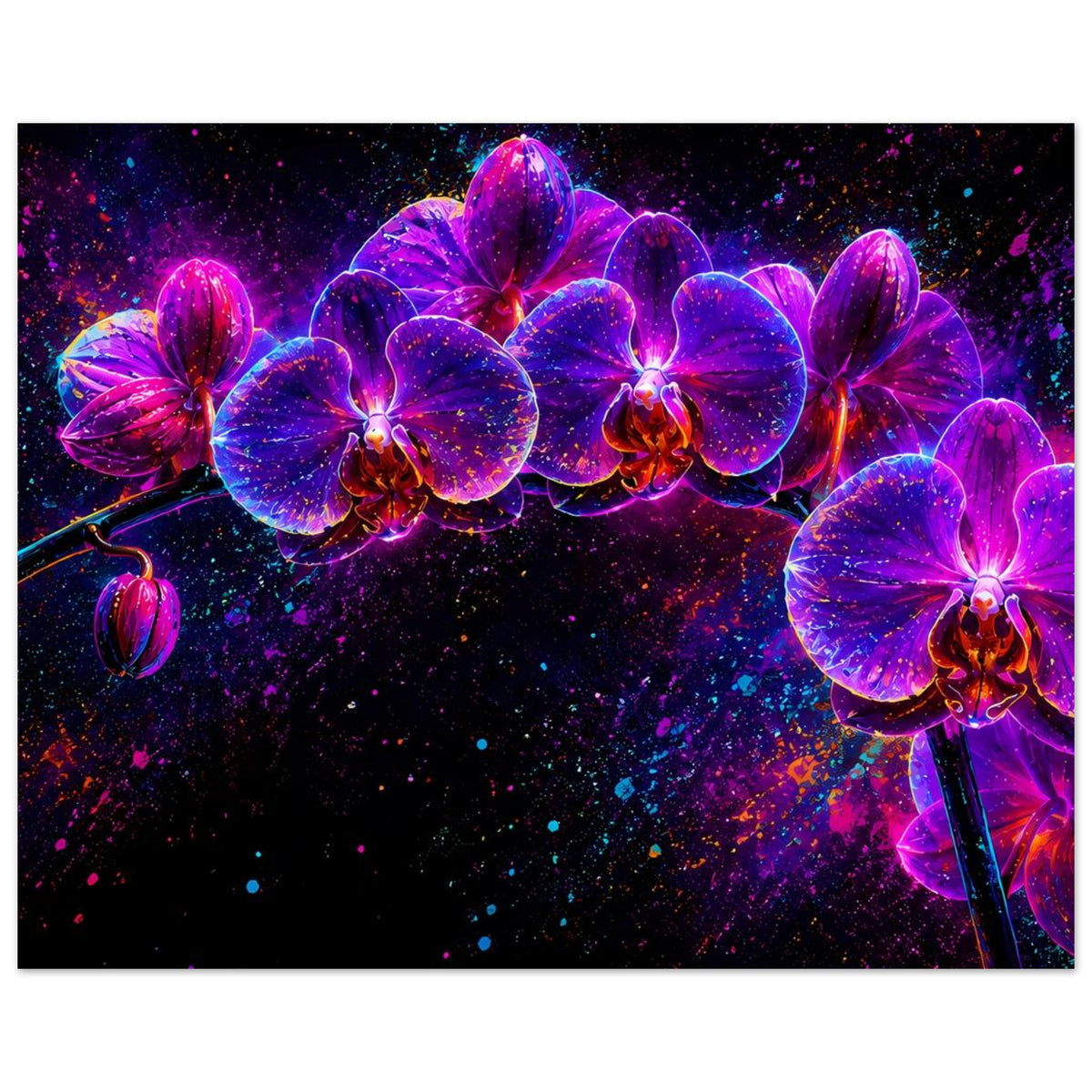 Neonblumenposter mit Orchideenblüten im Hintergrund, kräftige Lichtakzente in Pink
