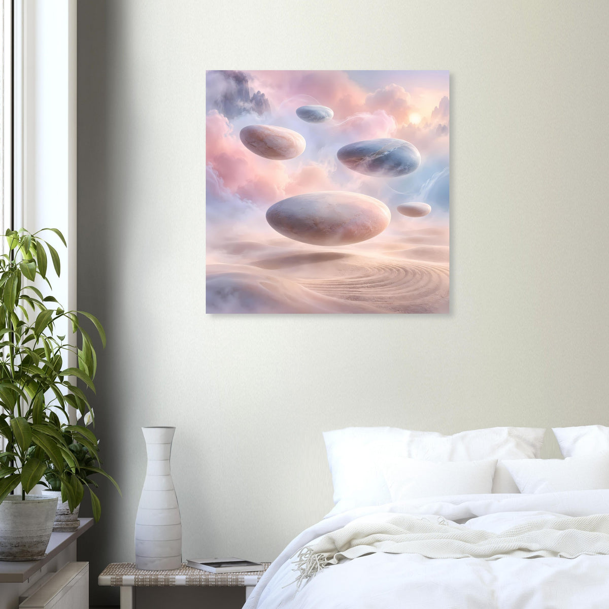 Quadratisches Surreales Poster mit schwebenden Felsen und rosa Dünen