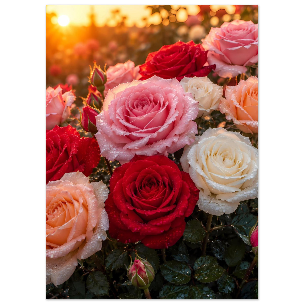 Poster mit Rosenstrauß in Rosa, Rot und Creme, mit weißem Rand