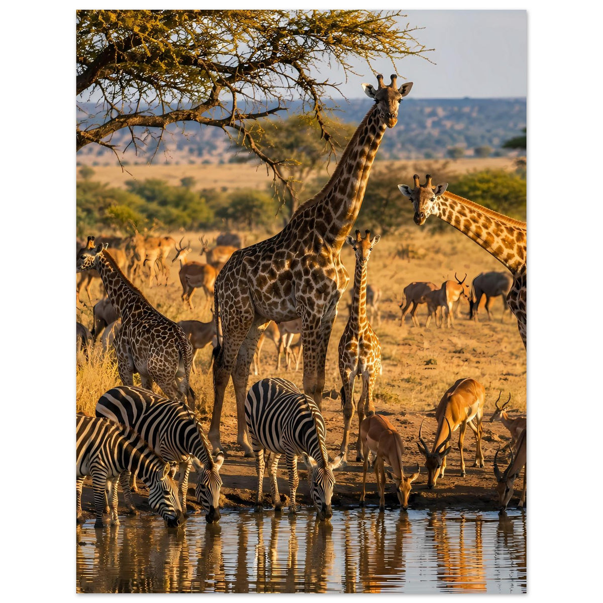 Poster mit Tiermotiv: Zebras und Giraffen an einer Tränke, Antilopen in der Savanne