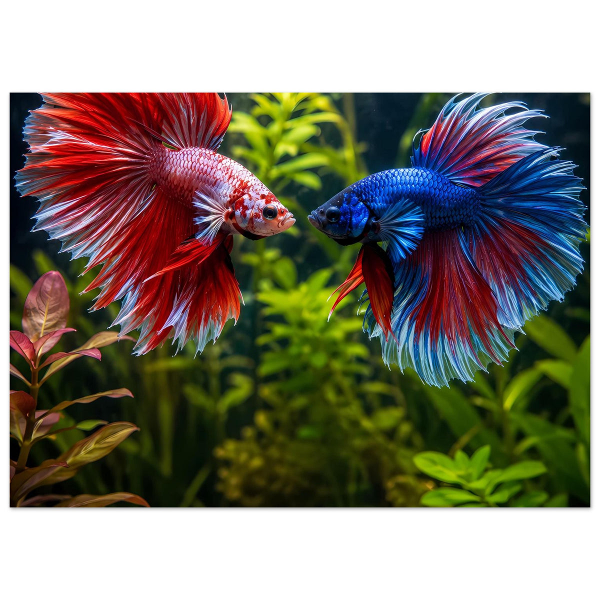 Poster mit zwei Betta-Fischen, roter und blauer Flosse, kontrastreich im Querformat