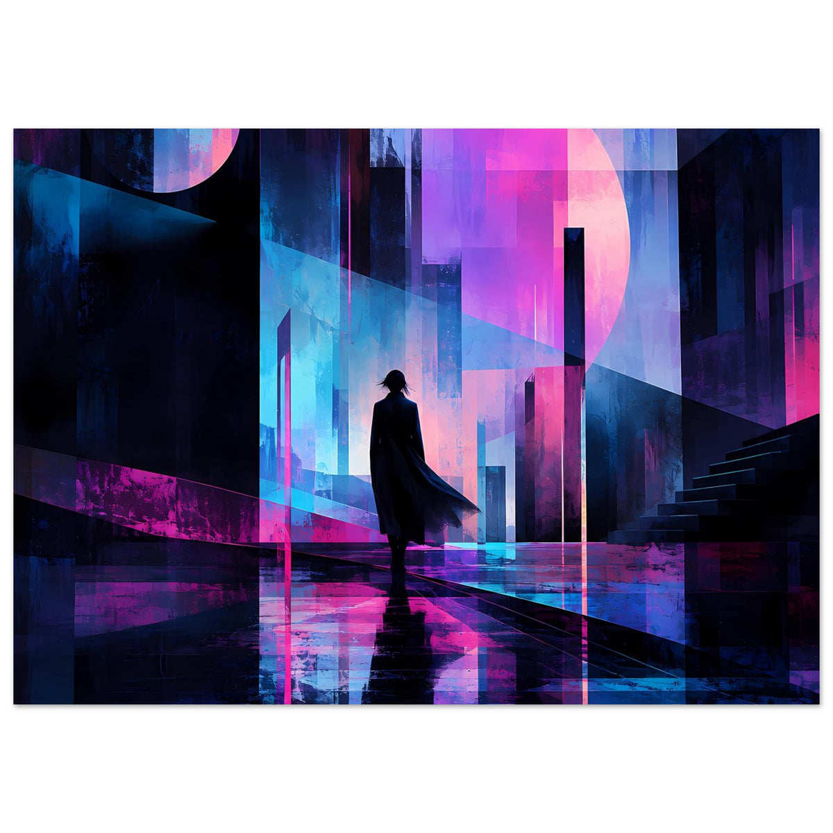 Neon-Nachtstadt-Poster im Querformat: Silhouette mit Umhang auf spiegelndem Weg, Leuchtsäulen