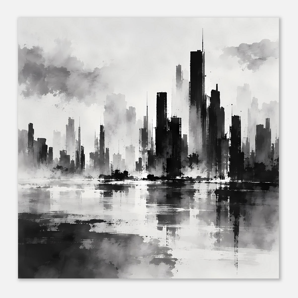 Schwarzweiß-Poster im Hochformat mit Stadtsilhouette, Wolkenhaze und Wasserreflexion