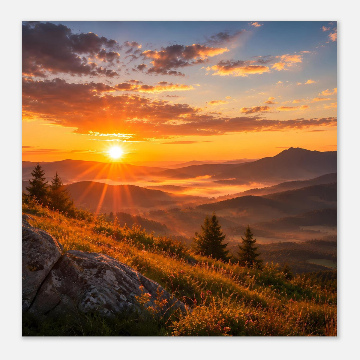 Landschaftsposter im Querformat mit orangeem Sonnenaufgang, Wolken, Bergtälern und Felsen