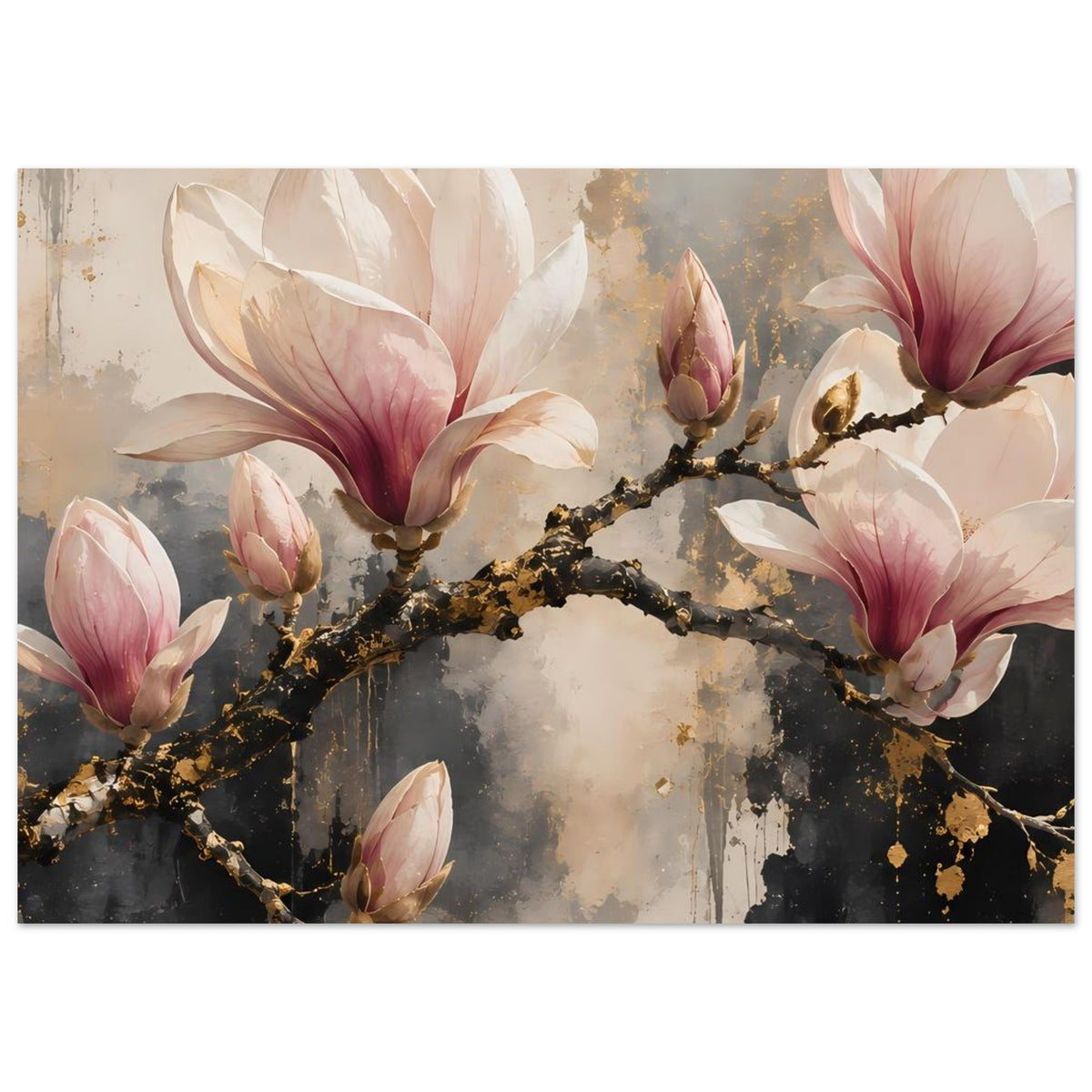Poster mit Magnolienblüten auf goldfarbenem Ast, gedämpfte Beige- und Rosatöne