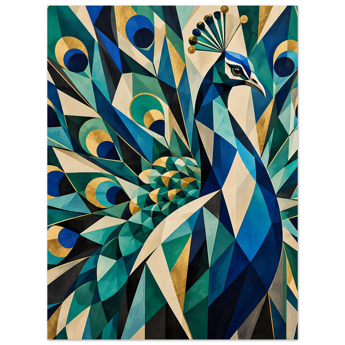 Geometrisches Pfauenposter: blauer Vogel rechts, diagonale Muster und goldene Akzente