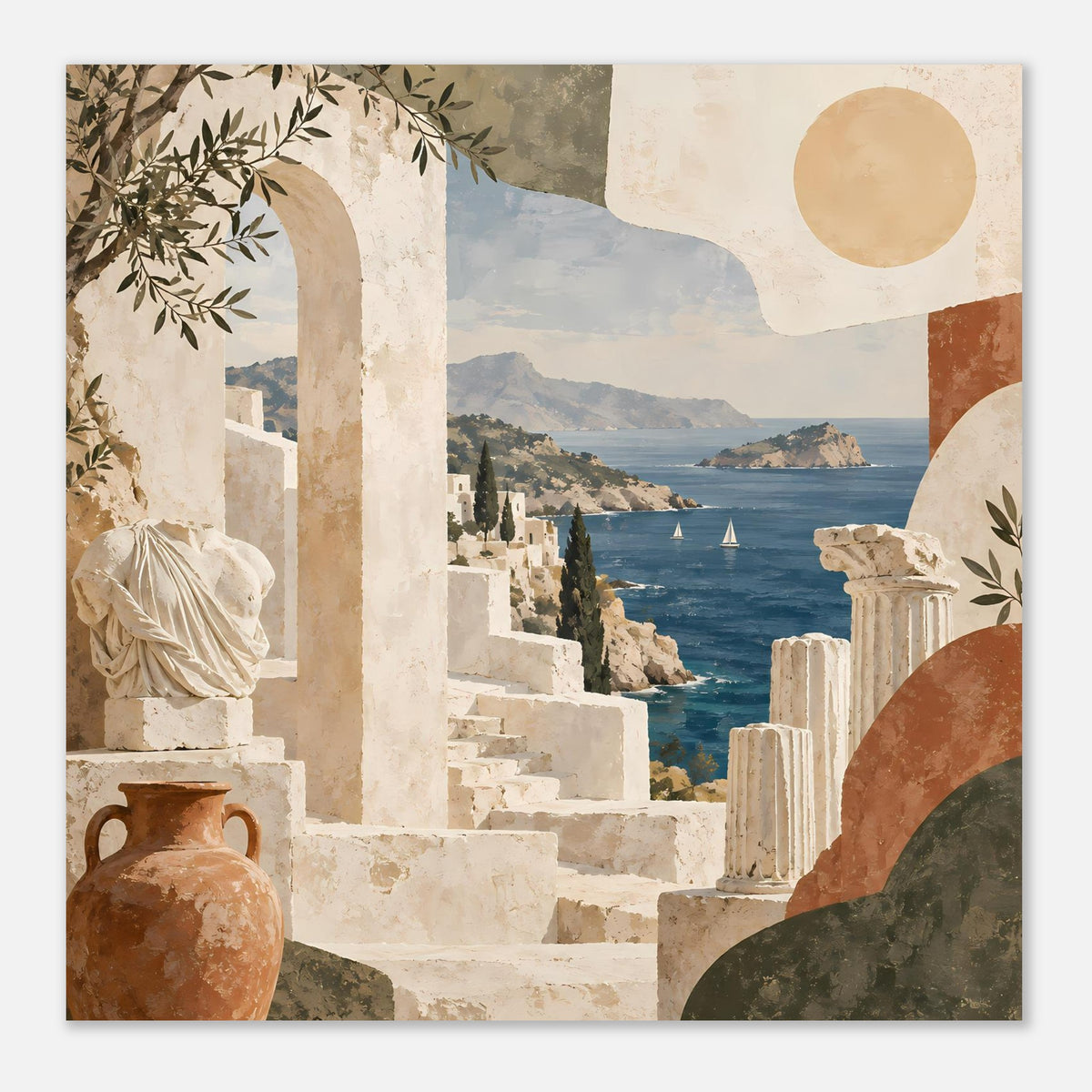 Urlaubs-Poster mit Küstenlandschaft: historische Mauern, Säulen rechts, Himmel und Meer