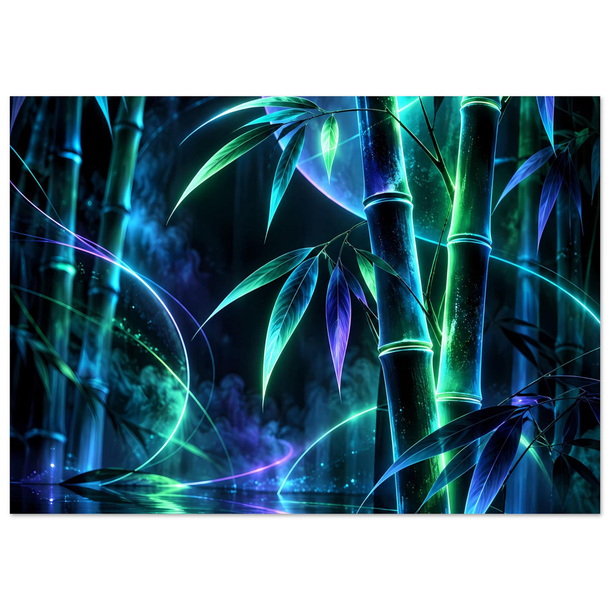 Horizontales Neon-Bambus Poster mit leuchtenden grünen und blauen Bambusstämmen