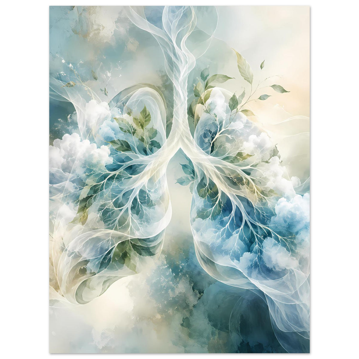 Lungen-Anatomie-Poster: verästelte blaue Formen, weiße Wolkenhüllen und grüne Blätter