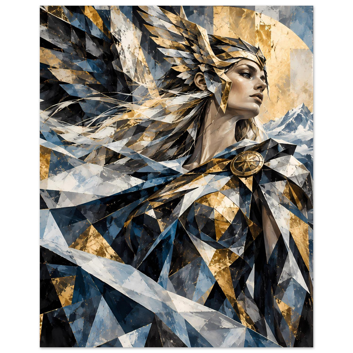Geometrisches Poster im Hochformat mit Kriegerin im Profil, Blau-Gold-Schwarz Dreiecksdesign.