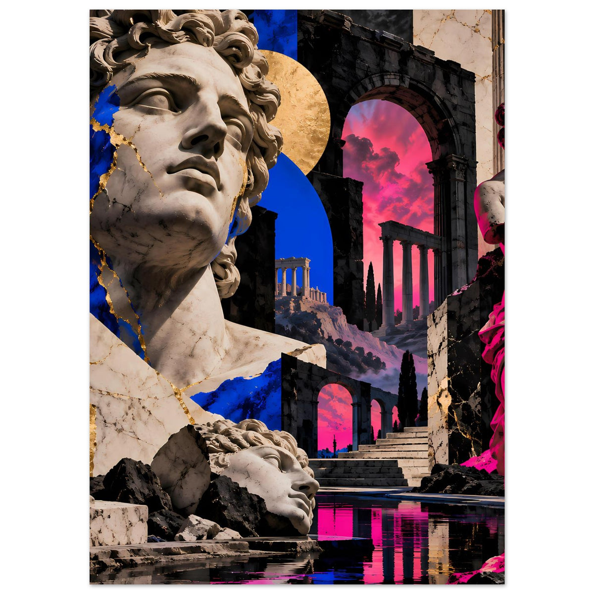 Kunstposter mit klassischer Statue links, blau-pinkes Kolorit, Säulen und Portal, Hochformat