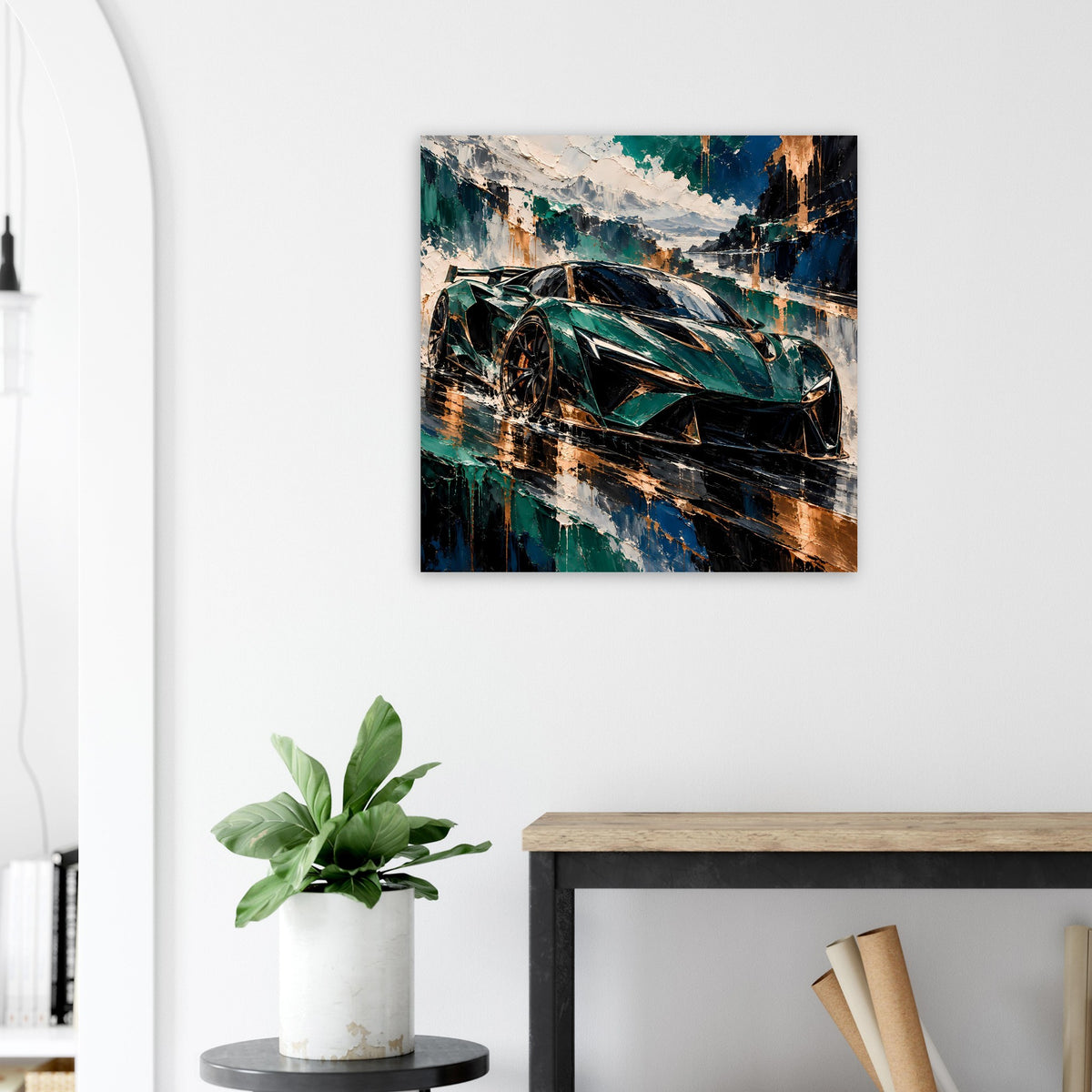 Sportwagen-Poster mit dunklem Rennwagen in Smaragdgrün und Kupfer, klarer Bildrand
