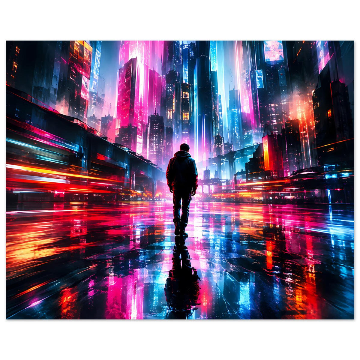 Horizontales Cyberpunk-Poster mit Neonhimmel über der Stadt; Mann geht auf der Straße.