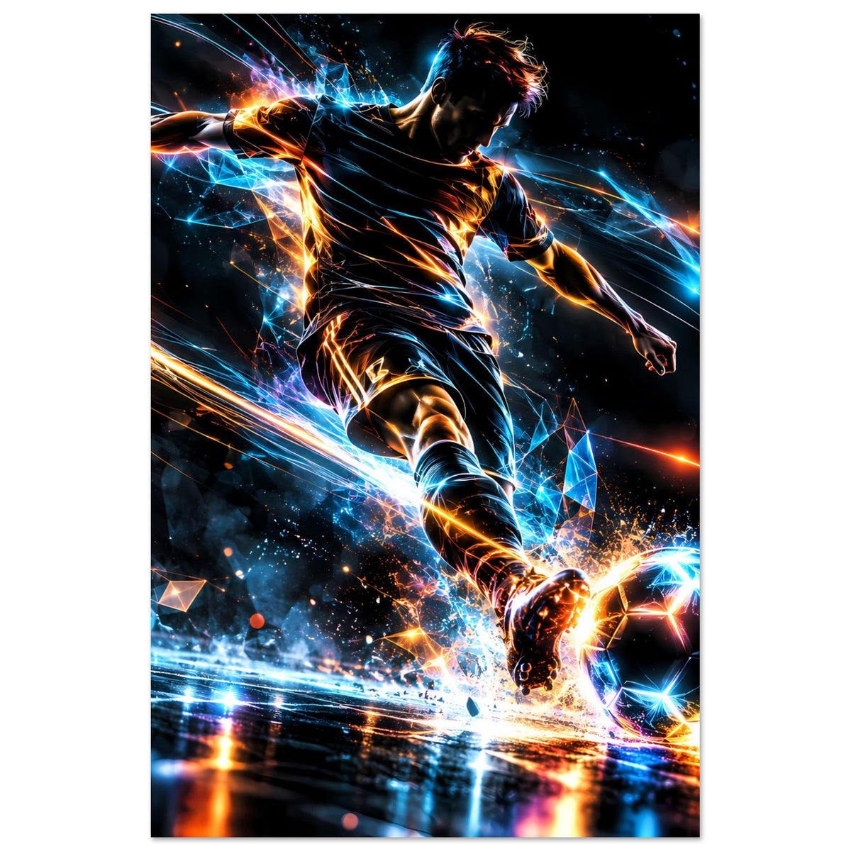 Vertikales Neon-Fußballposter: sprintender Athlet mit leuchtender Energie und Fußball