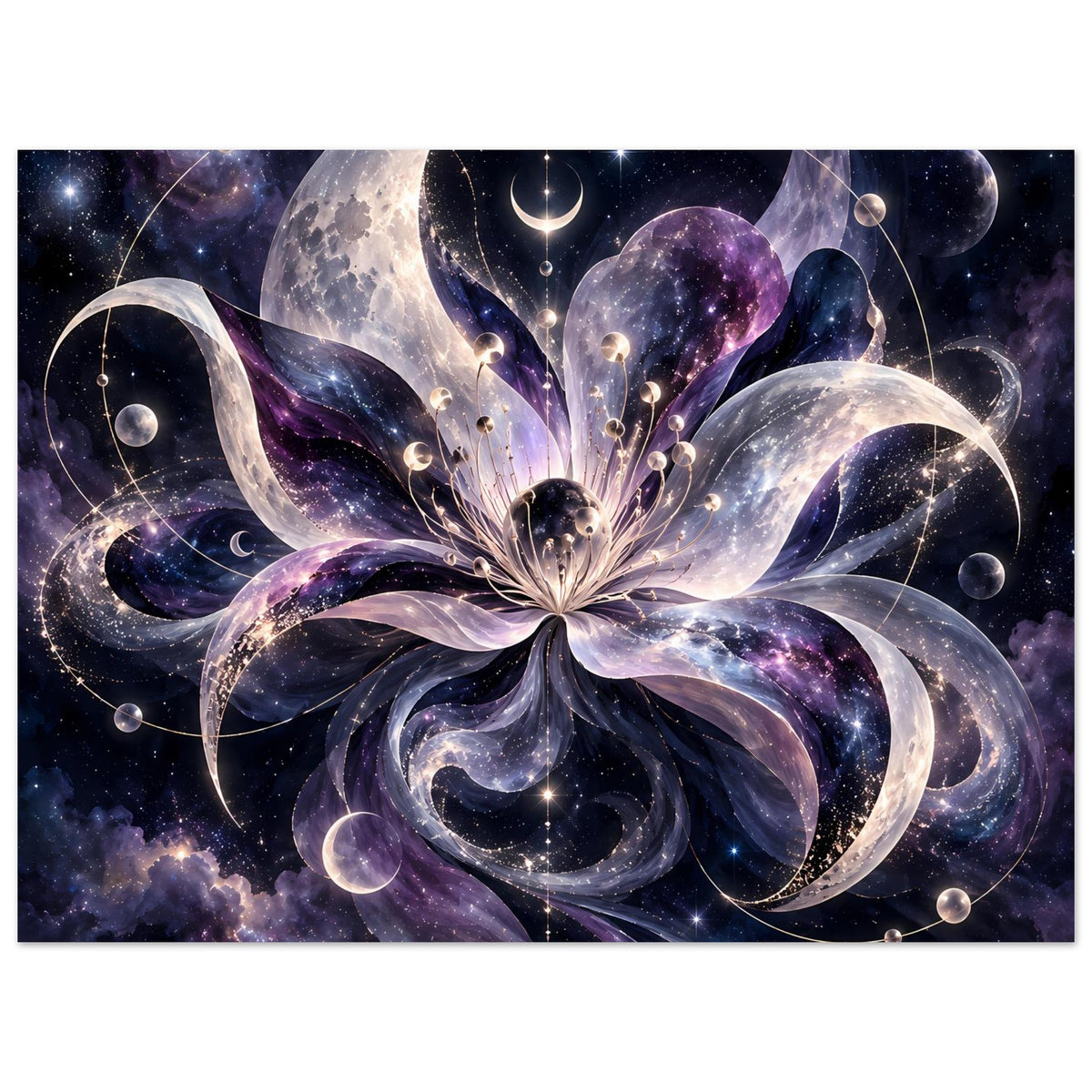 Kosmische Blüte mit Monden, Planeten und Sternen in violett-blauem Weltraum – Motivansicht 14