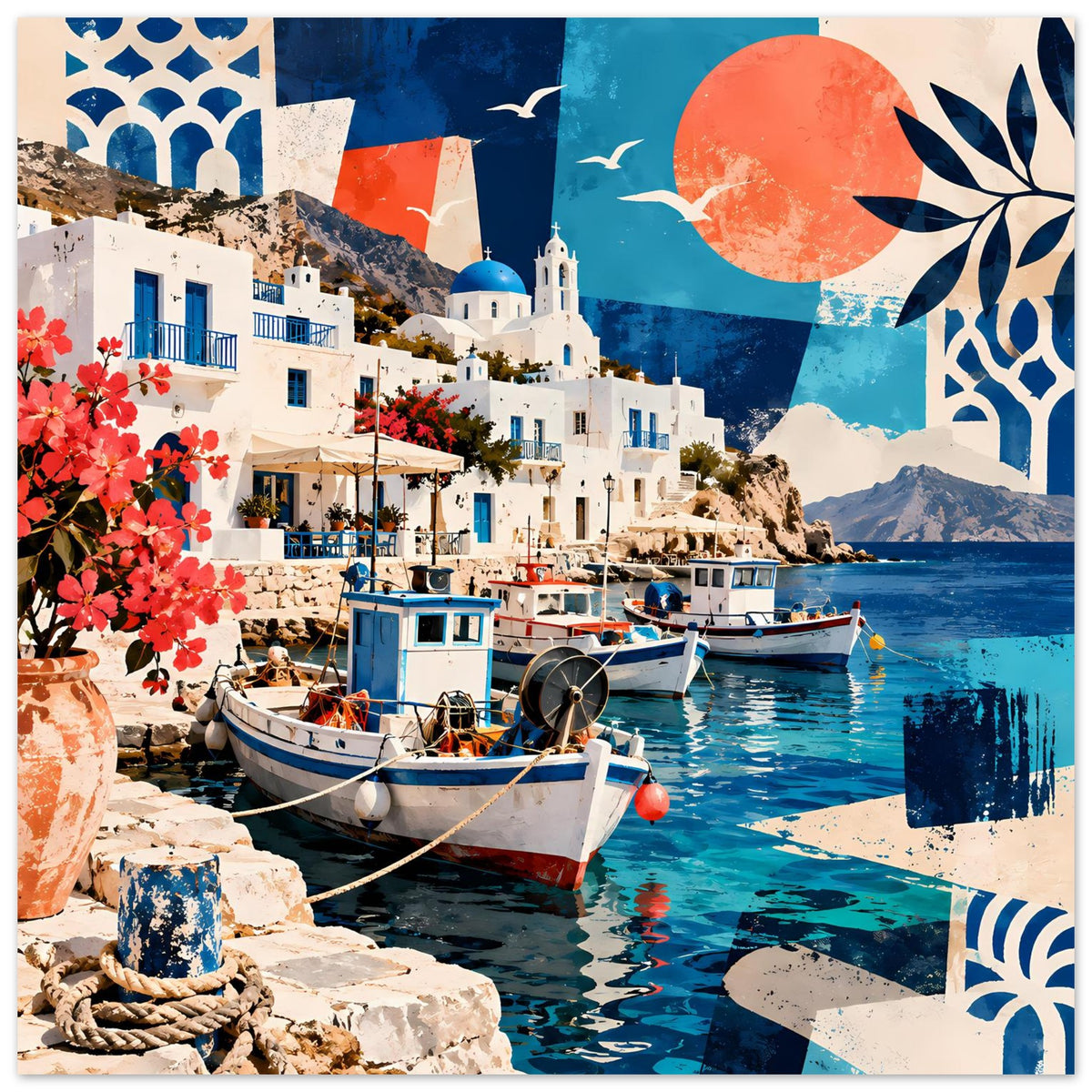 Poster, vertikal: mediterrane Hafen-Szene mit Booten, Küstenhäusern und roten Blüten