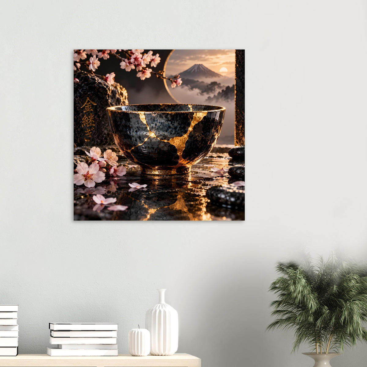 Wandposter quadratisch: schwarze Schale mit goldenen Kintsugi-Rissen, Kirschblüten und Berg