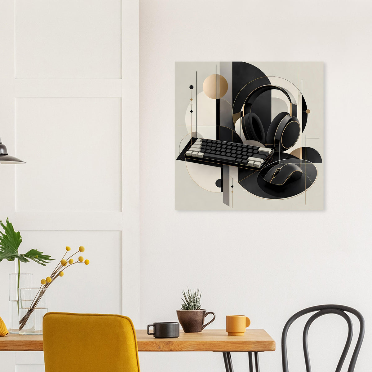 Wandposter mit Gaming-Illustration: Kopfhörer und Tastatur in Schwarz und Gold auf Creme