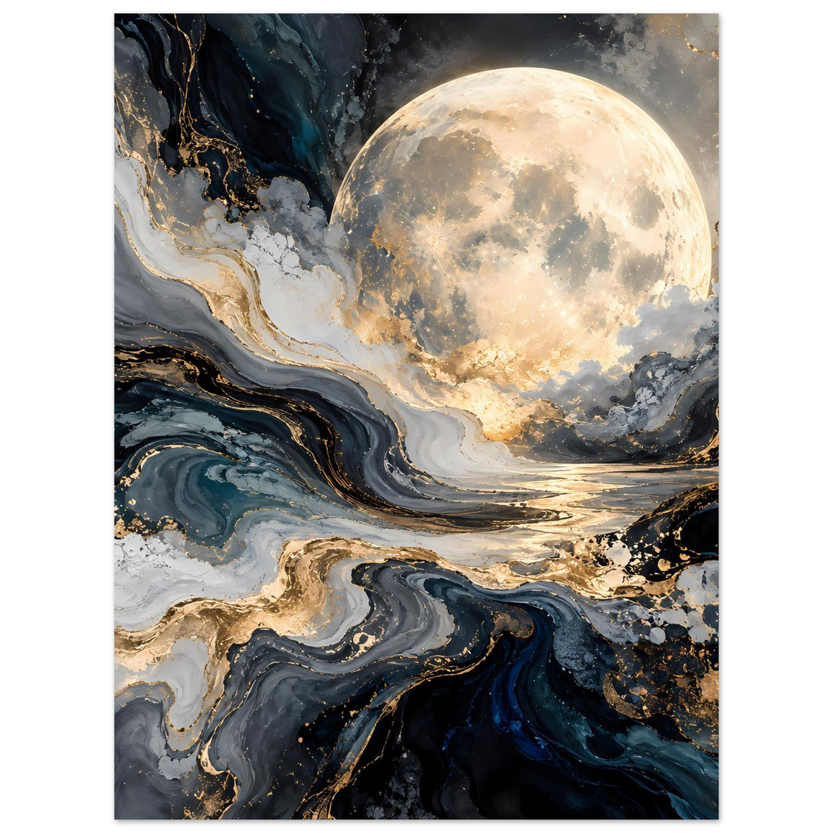 Mondposter hochkant mit Vollmond, Wolken und Marmormustern in Blau, Grau, Gold