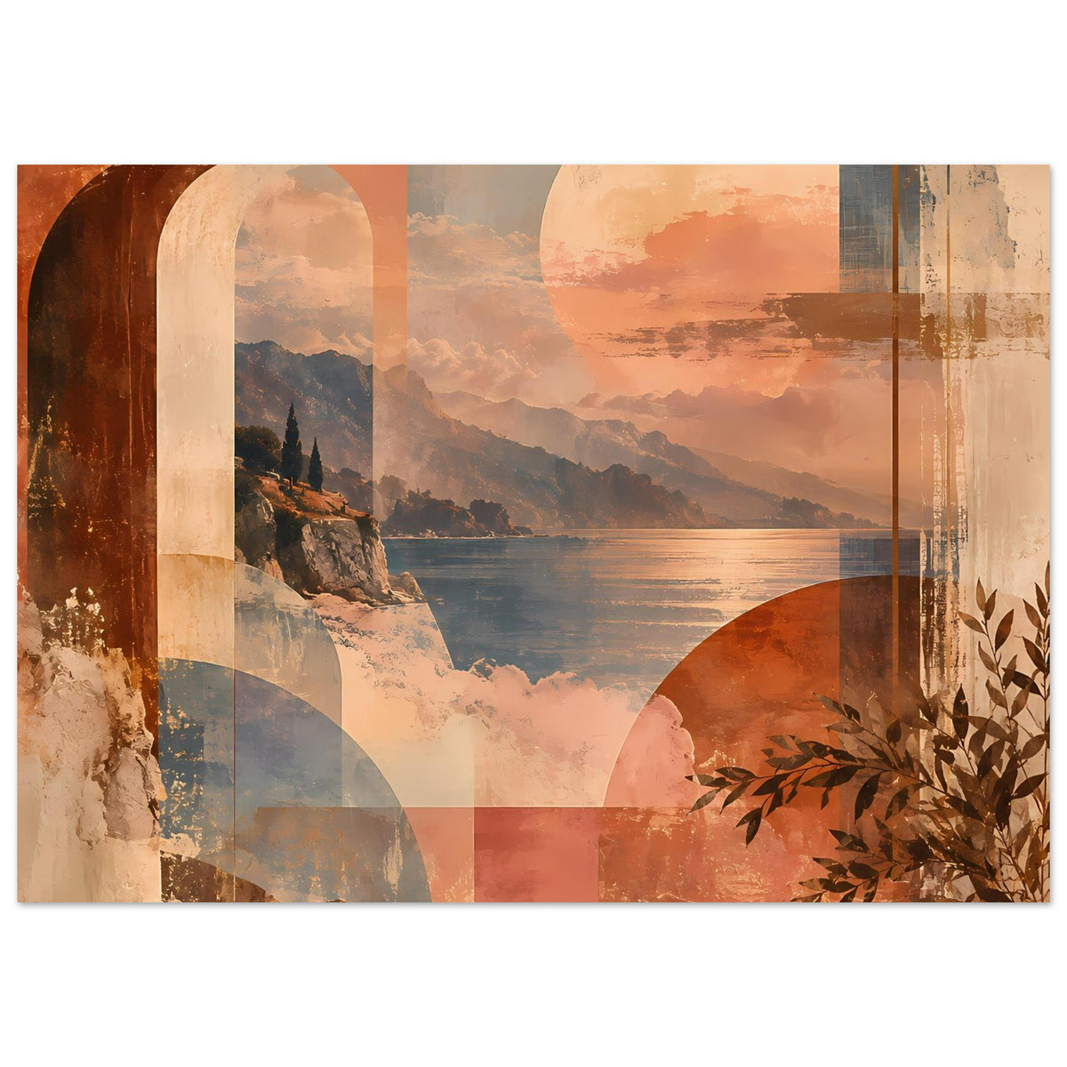Landschaftsposter mit Sonnenuntergangs-Himmel, Küste, abstrakten Rechtecken und Bögen