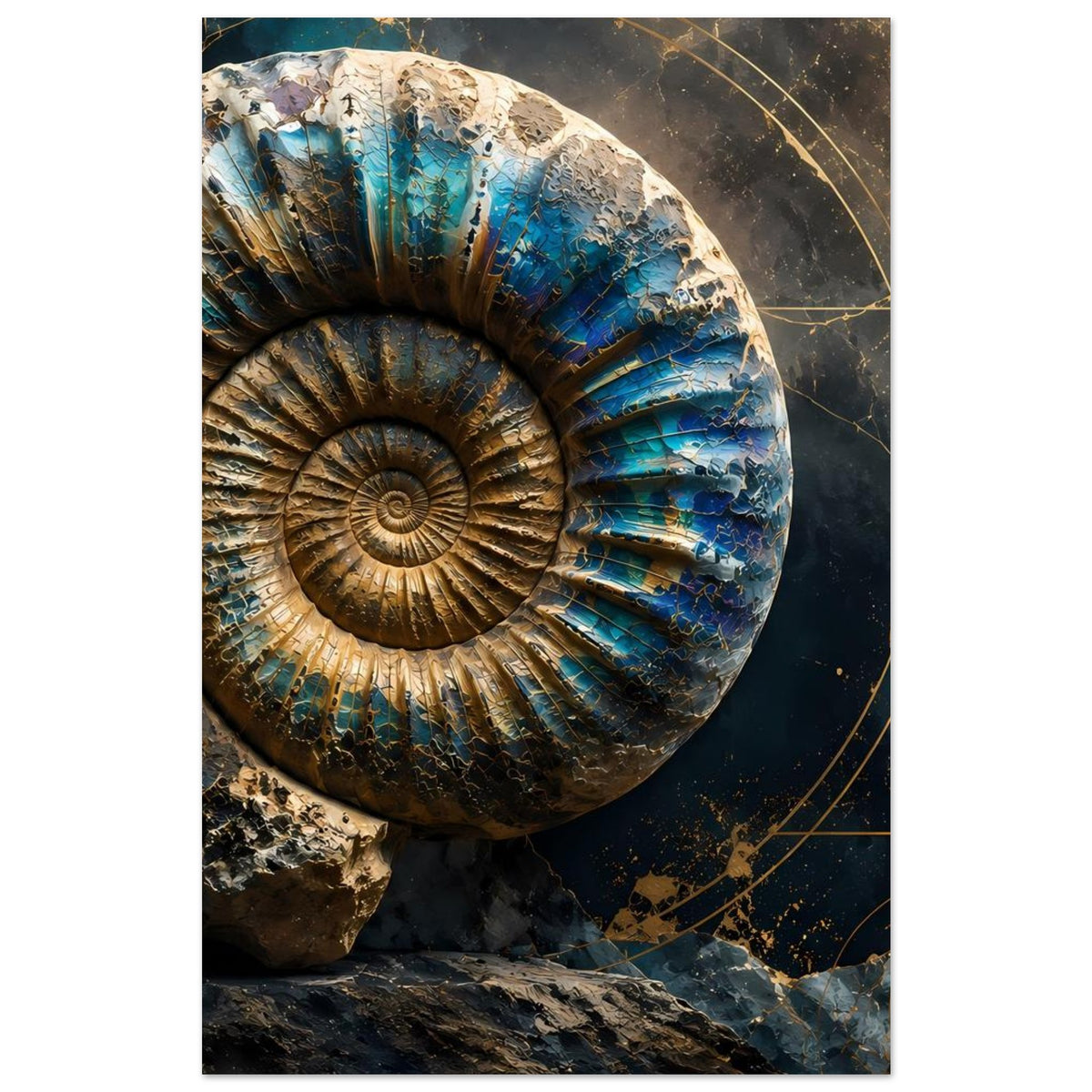 Kunstposter mit Ammonitenfossil, halb angeschnittene Spiralstruktur in Petrolblau und Gold