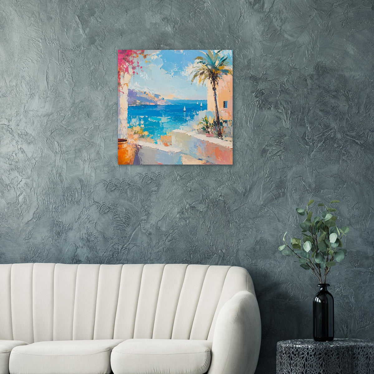 Quadratisches Sommerposter mit Mittelmeerbucht, Palme und Segelbooten
