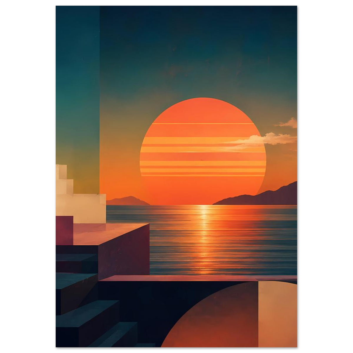 Hochformat-Küstenkunstprint: runder orangefarbener Sonnenuntergang und geometrische Flächen